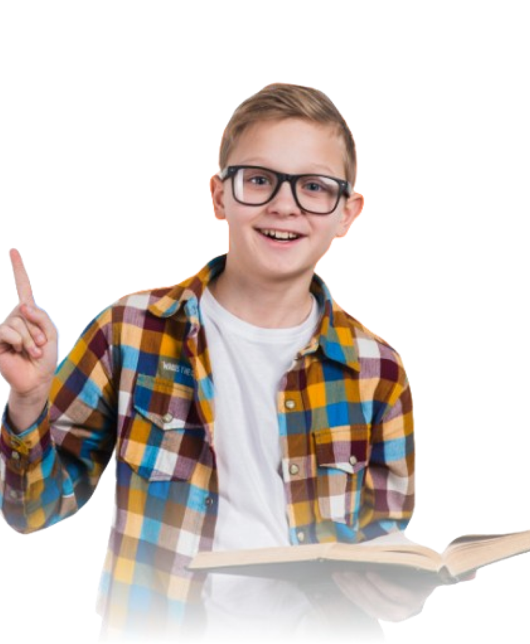 a young boy with glasses holding a book and his hand while pointing with his index finger up